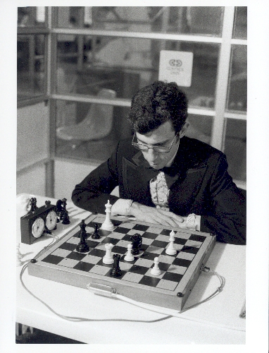 International Master David Levy ponders next move against CHESS 4.6 running on a CDC Cyber 176 supercomputer in Toronto