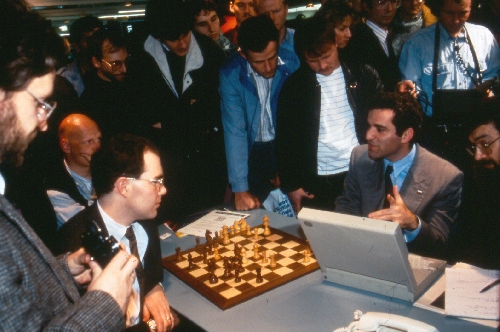 Joe Hoane (left) and Garry Kasparov at the 1991 CeBIT show in Hanover, Germany