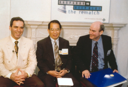 Garry Kasparov, C.J. Tan, and Monroe Newborn at the 1997 Deep Blue vs Kasparov re-match press conference