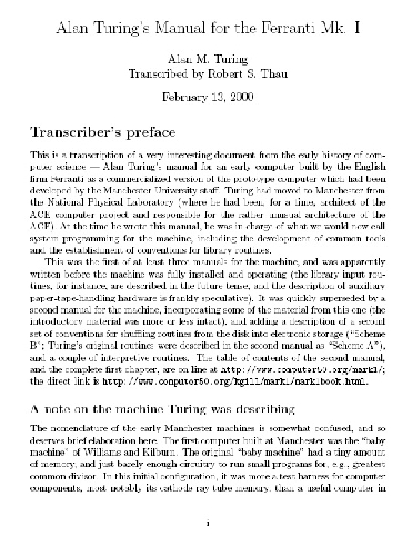 Alan Turing's Manual for the Ferranti Mk. I